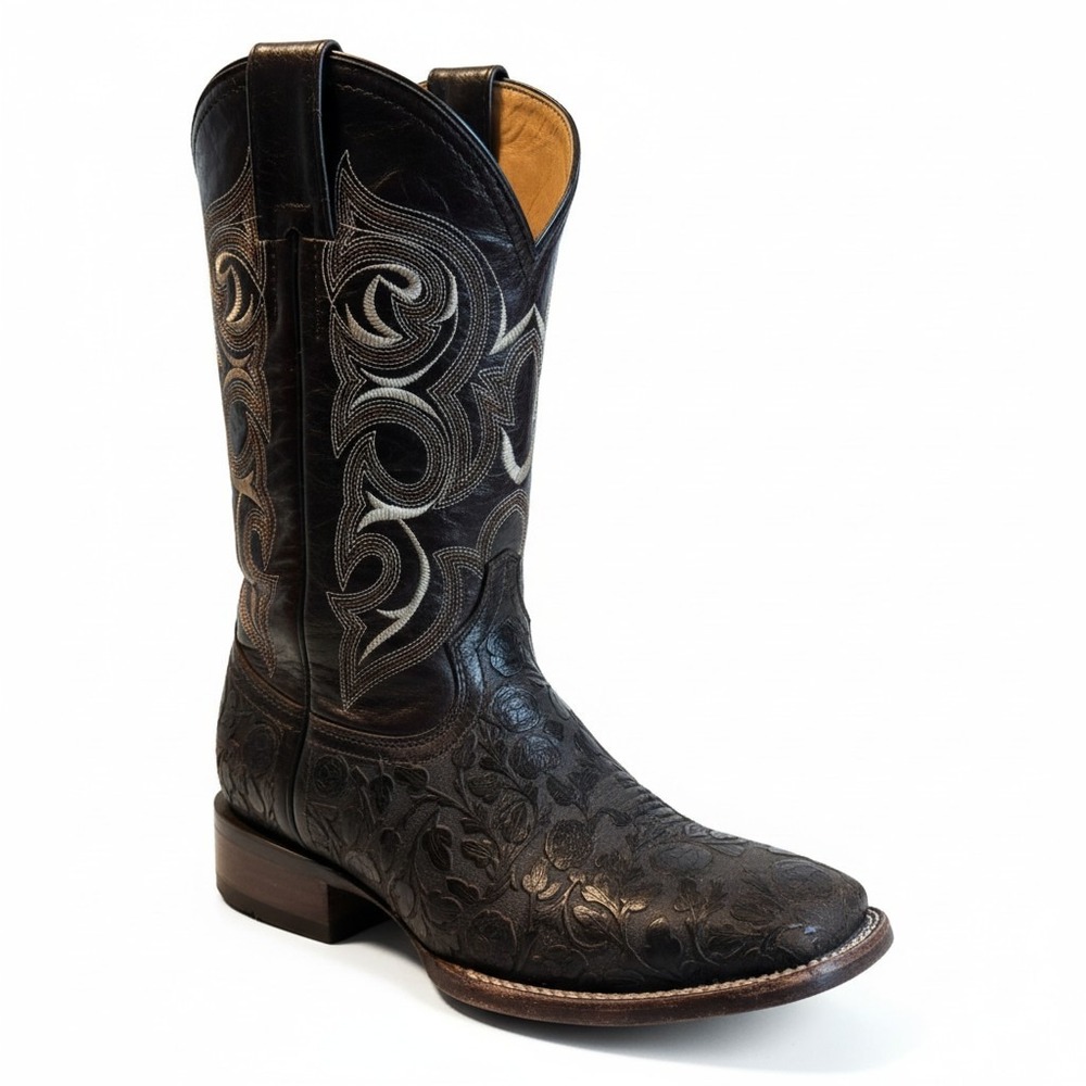 El General Cowboy Boots‎ 7.5 Brown Floral Embossed Leather Western Rodeo